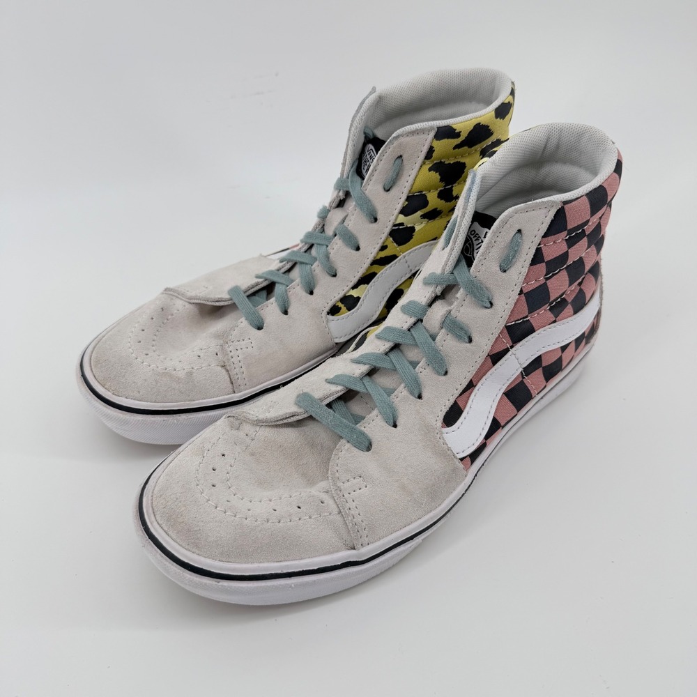 Vans Women 9 Sk8-Hi ComfyCush Sneakers Gray Pink Checkerboard Leopard Print